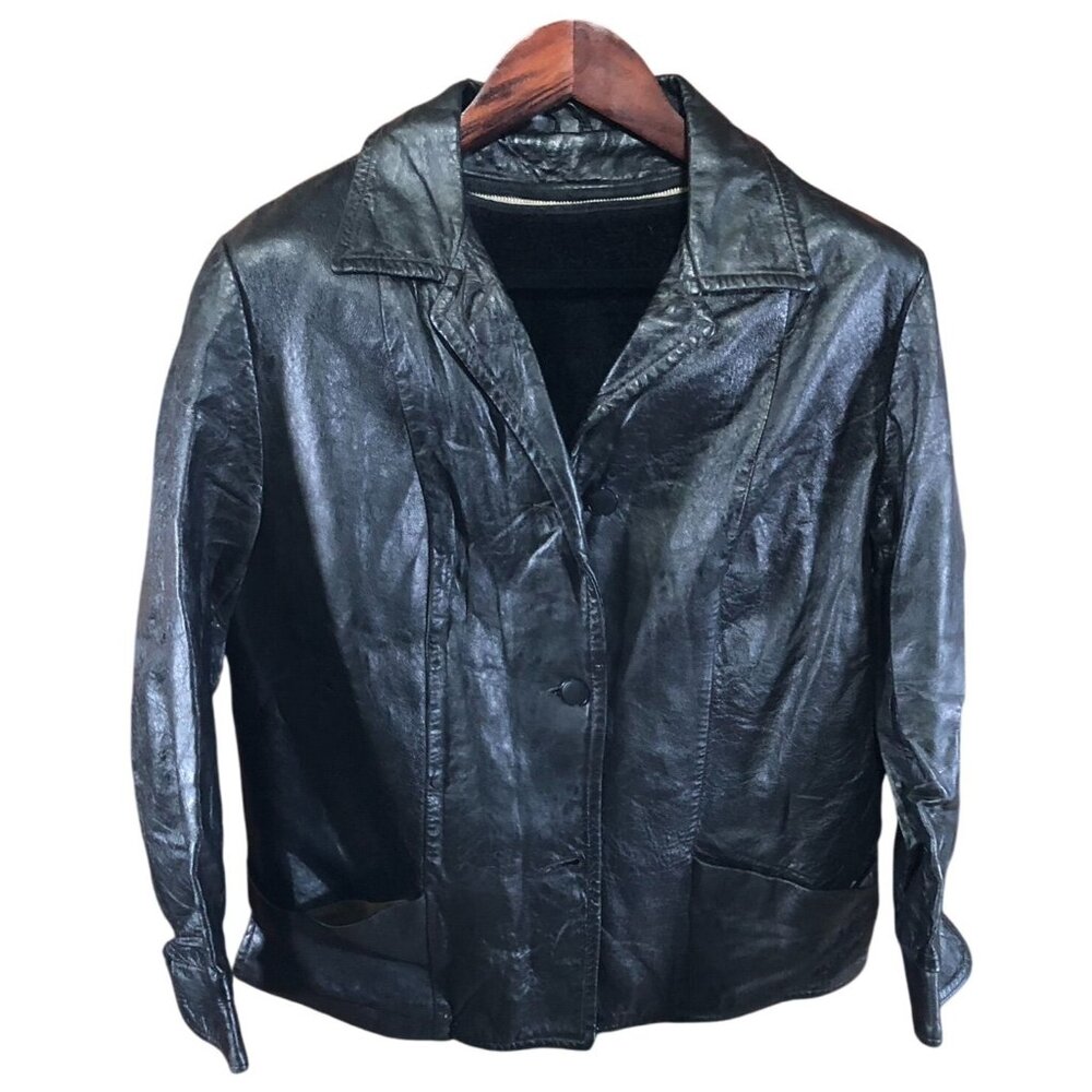 Women's Leather Jacket Black Blazer 8-10 Collared Button Front Classic